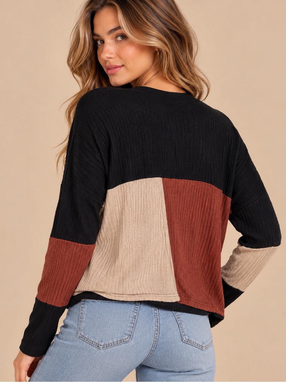 SHEIN Colorblock Ribbed Top S Brown Black 90s Minimalist Long Sleeve